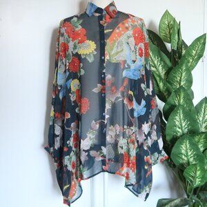 Beulah Style Sheer Floral Button Down Blouse Tunic Coverup High Low Hem OS XL